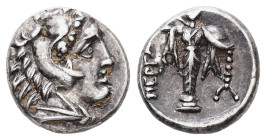 Mysia, Pergamon. AR Diobol, 1.45 g 11.54 mm. Circa 310-282 BC.
Obv: Head of Herakles right, wearing lion skin.
Rev: ΠΕΡΓΑ. Archaistic Palladion: facin...