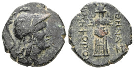 Mysia, Pergamon. Ae, 5.89 g 19.70 mm. Mid-late 2nd century BC.
Obv: Helmeted head of Athena right.
Rev: ΑΘΗΝΑΣ ΝΙΚΗΦΟΡΟY. Trophy consisting of helmet ...