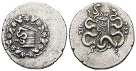 Mysia, Pergamon. AR Cistophoric Tetradrachm, 12.46 g 26.01 mm. Circa 166-67 BC.
Obv: Cista mystica with serpent left; all within ivy wreath.
Rev: Bow ...