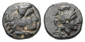 Mysia, Pergamon. Ae, 1.05 g. - 10.35 mm. Circa 310-282 BC.
Obv.:Head of Herakles right, wearing lion skin
Rev.: ΠΕΡ, Helmeted head of Athena right.
Re...