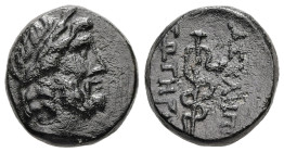 Mysia, Pergamon. Ae, 4.41 g 15.47 mm. Mid-late 2nd century BC.
Obv: Laureate head of Asklepios right.
Rev: AΣKΛHΠIOY / ΣΩTHPOΣ. Serpent-entwined staff...