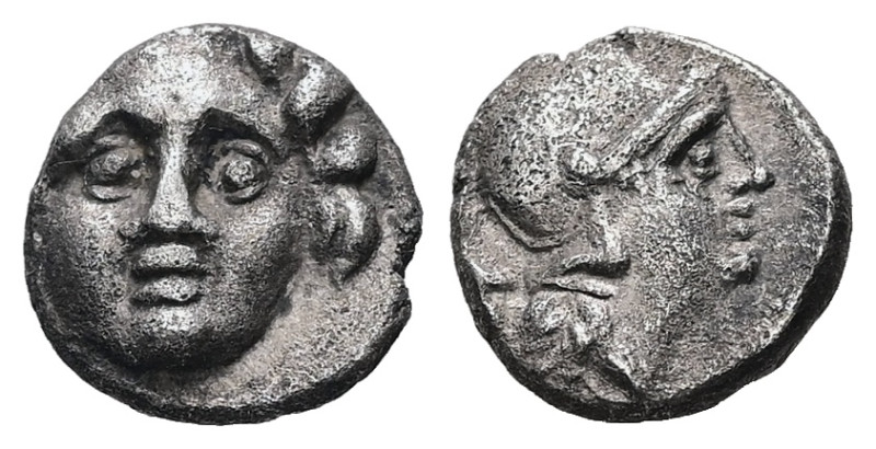 Pisidia, Selge. AR Obol, 0.91 g 9.07 mm. Circa 350-300 BC.
Obv: Facing gorgonei...