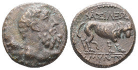 Kings of Galatia, Amyntas. Ae, 5.54 g 19.45 mm. 36-25 BC. 
Obv : Bearded and bare head of Herakles right, with club over shoulder.
Rev : BAΣIΛEΩΣ / AM...