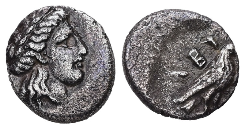 Troas, Abydos. AR Diobol, 1.23 g 11.43 mm. Circa 400-280 BC.
Obv: Laureate head ...