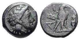 Troas, Abydos. Ae, 1.24 g 10.65 mm. Circa 320-200 BC.
Obv: Laureate head of Apollo right.
Rev: ABY. Eagle standing right; amphora to right.
Ref: SNG A...