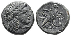 Troas, Abydos. Ae, 4.17 g 15.92 mm. Circa 300-200 BC.
Obv: Laureate head of Apollo right 
Rev: ABY eagle standing right, tripod in front.
Ref: SNG Cop...