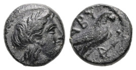 Troas, Abydos. Ae, 1.62 g 10.35 mm. Circa 320-200 BC.
Obv: Laureate head of Apollo to right
Rev: ABY, Eagle standing to right; bow in right field.
Ref...
