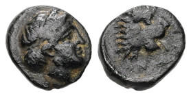Troas, Antandros. Ae, 0.73 g. - 9.10 mm. 4th-3rd centuries BC.
Obv.: Laureate head of Artemis Astyrene to right.
Rev.: [ANTAN], Head of roaring lion t...