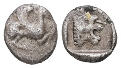 Troas, Assos. AR Hemiobol, 0.52 g 9.02 mm. Circa 500-450 BC.
Obv: Griffin seated to right, raising forepaw
Rev: Head of roaring lion to right within s...