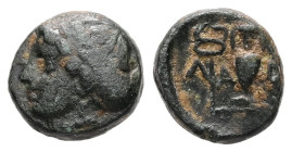 Troas, Larissa-Ptolemais. Ae, 0.92 g 9.38 mm. Circa 3rd century BC.
Obv: Female head left
Rev: Amphora; ΛΑ-ΡΙ across lower fields, kerykeion to left, ...