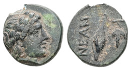 Troas, Neandria. Ae, 0.89 g 11.49 mm. Circa 400-300 BC.
Obv: Laureate head of Apollo to right
Rev: NEAN; corn grain, bunch of grapes to right.
Ref: SN...