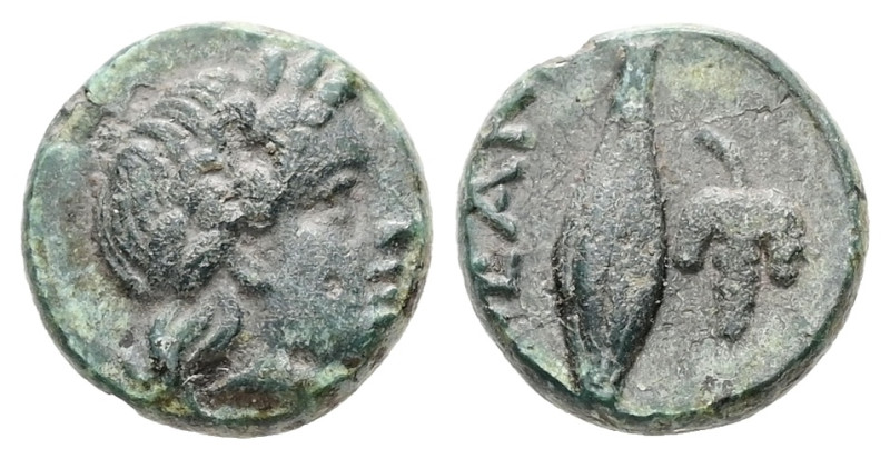 Troas, Neandria. Ae, 1.08 g 10.43 mm. Circa 400-300 BC.
Obv: Laureate head of Ap...