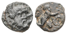 Troas, Ophrynion. AE, 1.77 g 11.13 mm. 4th century BC.
Obv: Helmeted head of Hektor facing slightly right.
Rev: OΦPY, Infant Dionysos kneeling right, ...