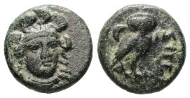 Troas, Sigeion. Ae, 2.05 g. - 12.82 mm. 355-334 BC.
Obv.: Helmeted head of Athena facing slightly right.
Rev.: ΣΙΓΕ. Owl standing right, head facing; ...