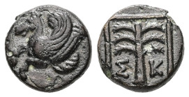 Troas, Skepsis. Ae, 1.41 g. - 10.22 mm. 4th century BC.
Obv.: Rhyton in the form of a forepart of a winged horse (pegasos) left.
Rev.: Σ - Κ. Fir tree...