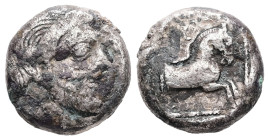 Philistia,Gaza. 1/4 sheqel / AR Drachm, 4.00 g 14.28 mm, 450–400 BC.
Obv: Bearded male head right, oriental hairstyle with bunched hair in the back....