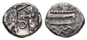 Samaria, Uncertain mint. AR Obol, 0.74 g 9.83 mm. Circa 375-333 BC. 
Obv: Sidonian galley to left over waves. 
Rev: Persian king battling lion, O betw...