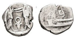 Samaria. Uncertain. 4th century BC. AR, Ma'ah-Obol = 1/24 Shekel. 0.74 g. - 9.67 mm.
Obv.: Aramaic letter above Sidonian galley left.
Rev.: Two Persia...
