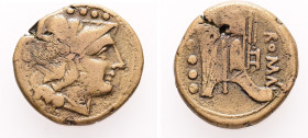 Anonymous, After 211 BC. AE, Triens. 5.25 g. 20.51 mm. Uncertain mint in Sardinia.
Obv: Helmeted head of Minerva, right; •••• (mark of value) above.
R...
