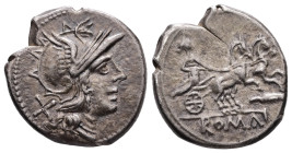 Anonymous, 157-156 BC. AR, Denarius. 4.12 g. 19.56 mm. Rome.
Obv: Helmeted head of Roma, right; behind, X (mark of value). 
Rev: ROMA. Victory in pran...