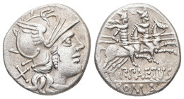 P. Aelius Paetus, 138 BC. AR, Denarius. 3.60 g. 18.54 mm. Rome.
Obv: Helmeted head of Roma, right. 
Rev: P·PAETVS ROMA. Dioscuri galloping right.
Ref:...