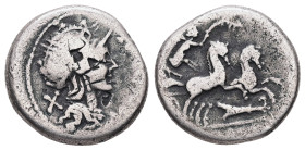 M. Cipius M.f. 115-114 BC. AR, Denarius. 3.67 g. 16.94 mm. Rome.
Obv: M·CIPI·M·F. Helmeted head of Roma, right. 
Rev: ROMA. Victory in biga, right, ho...