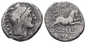 L. Thorius Balbus, 105 BC. AR, Denarius. 3.47 g. 19.10 mm. Rome.
Obv: I·S·M·R. Head of Juno Sospita, right, wearing goat-skin. 
Rev: L·THORIVS BALBVS....