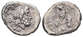 L. Rubrius Dossenus, 87 BC. AR, Quinarius. 1.60 g. 16.60 mm. Rome.
Obv: DOSSEN. Laureate head of Neptune, right, with trident over shoulder.
Rev: L RV...