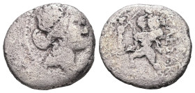 Julius Caesar, 48-47 BC. AR, Denarius. 3.06 g. 16.49 mm. African mint.
Obv: Head of Venus, right, wearing diadem. Border of dots.
Ref: CAESAR Aeneas, ...