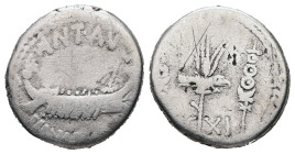 Mark Antony, 44-30 BC. AR, Denarius. 3.32 g. 16.51 mm. Military mint moving with Mark Antony (Patrae?), 32-31.
Obv: ANT · AVG III · VIR · R · P · C. G...