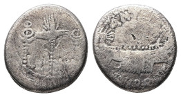 Mark Antony, 44-30 BC. AR, Denarius. 3.24 g. 16.52 mm. Military mint moving with Mark Antony (Patrae?), 32-31.
Obv: Ship, right, with sceptre tied wit...