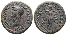 Claudius, AD 41-54. AE, As. 13.22 g. 25.58 mm. Rome. Restoration issue under Titus, AD 80-81.
Obv: TI CLAVDIVS CAESAR AVG P M TR P IMP P P. Head of C...