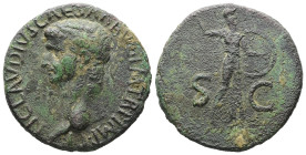 Claudius, AD 41-54. AE, As. 11.74 g. 27.59 mm. Rome.
Obv: TI CLAVDIVS CAESAR AVG P M TR P IMP. Head of Claudius, bare, left.
Rev: S C. Minerva, helmet...