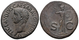 Claudius, AD 41-54. AE, As. 11.50 g. 30.84 mm. Rome, c. 50-54 AD.
Obv: TI CLAVDIVS CAESAR AVG P M TR P IMP P P. Bare-head of Claudius, left.
Rev: Mine...