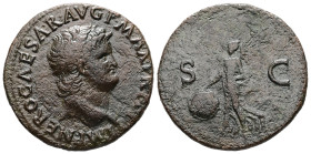 Nero, AD 54-68. AE, As. 10.43 g. 28.10 mm. Rome.
Obv: IMP NERO CAESAR AVG P MAX TR P P P. Head of Nero, laureate, right.
Rev: S C. Victory, winged, dr...