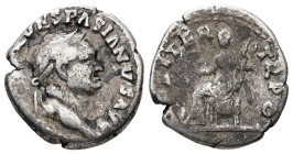 Vespasian, AD 69-79. AR, Denarius. 3.13 g. 17.64 mm. Rome.
Obv: [IMP CAESAR] VESPASIANVS AVG. Head of Vespasian, laureate, right
Rev: [COS] ITER TR PO...