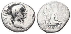 Vespasian, AD 69-79. AR, Denarius. 2.62 g. 17.28 mm. Rome. Judaea Capta commemorative.
Obv: [IMP CAESAR VESPASIANVS AVG]. Head of Vespasian, laureate,...