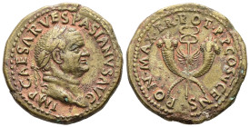 Vespasian, AD 69-79. AE, Dupondius. 14.35 g. 28.97 mm. Rome mint for Syria.
Obv: IMP CAESAR VESPASIANVS AVG. Head of Vespasian, laureate, right.
Rev: ...