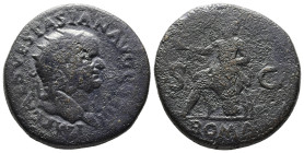 Vespasian, AD 69-79. AE, Dupondius. 13.01 g. 27.02 mm. Rome.
Obv: IMP CAES VESPASIAN AVG COS III. Head of Vespasian, radiate, right.
Rev: ROMA, S C. R...