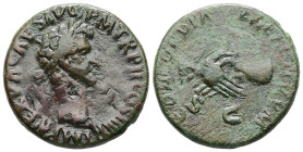 Nerva, AD 96-98. AE, As. 11.08 g. 26.71 mm. Rome.
Obv: IMP NERVA CAES AVG P M TR P II COS III P P. Head of Nerva, laureate, right.
Rev: CONCORDIA EX...