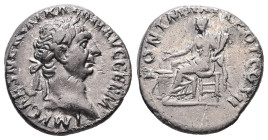 Trajan, AD 98-117. AR, Denarius. 3.57 g. 16.67 mm. Rome.
Obv: IMP CAES NERVA TRAIAN AVG GERM. Head of Trajan, laureate, right.
Rev: PONT MAX TR POT CO...