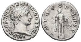 Trajan, AD 98-117. AR, Denarius. 2.88 g. 18.18 mm. Rome.
Obv: IMP CAES NERVA TRAIAN AVG GERM. Head of Trajan, laureate, right.
Rev: P M TR P COS IIII ...