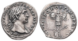 Trajan, AD 98-117. AR, Denarius. 2.93 g. 19.04 mm. Rome.
Obv: IMP TRAIANO AVG GER DAC P M TR P. Bust of Trajan, laureate, draped, right
Rev: COS V P P...
