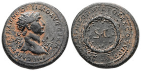 Trajan, AD 98-117. AE, Semis. 10.81 g. 24.92 mm. Rome, for use in Syria.
Obv: IMP CAES NER TRAIANO OPTIMO AVG GERM. Head of Trajan, radiate, right.
Re...