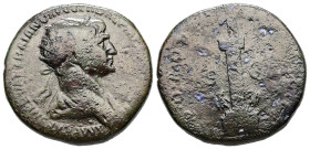 Trajan, AD 98-117. AE, Dupondius. 12.46 g. 26.51 mm. Rome.
Obv: Bust of Trajan, radiate, draped, right.
Rev: Column of Trajan with two eagles at base....