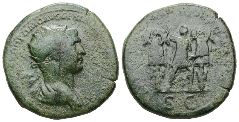 Trajan, AD 98-117. AE, Dupondius. 13.64 g. 26.55 mm. Rome.
Obv: Bust of Trajan, ...