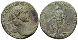 Trajan, AD 98-117. AE, Sestertius. 25.26 g. 32.31 mm. Rome.
Obv: IMP CAES NERVAE TRAIANO AVG GER DAC P M TR P COS VI P P. Head of Trajan, laureate, ri...