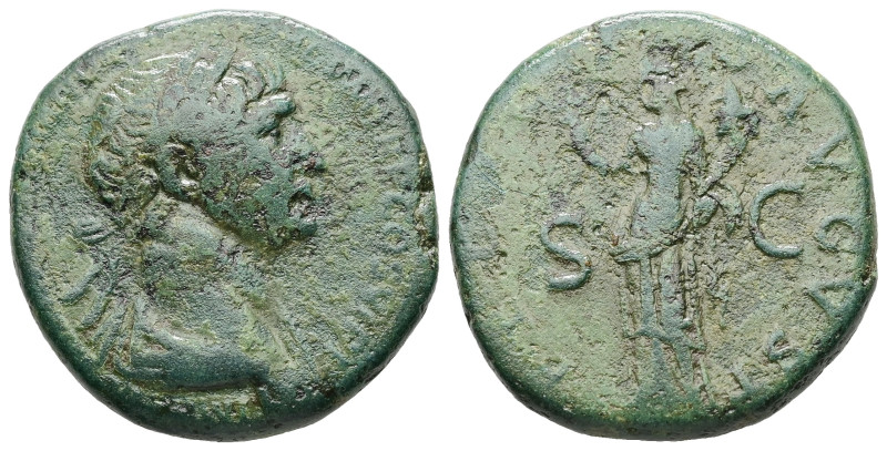 Trajan, AD 98-117. AE, As. 11.77 g. 26.29 mm. Rome.
Obv: Bust of Trajan, laureat...