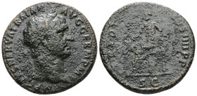 Trajan, AD 98-117. AE, Sestertius. 27.43 g. 34.12 mm. Rome.
Obv: IMP CAES NERVA TRAIAN AVG GERM P M. Laureate bust of Trajan right, slight drapery.
Re...