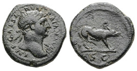 Trajan, AD 98-117. AE. 2.95 g. 17.04 mm. Rome.
Obv: IMP CAES NERVA TRAIAN AVG. Bust of Trajan, laureate, draped on left shoulder, right.
Rev: S C. She...